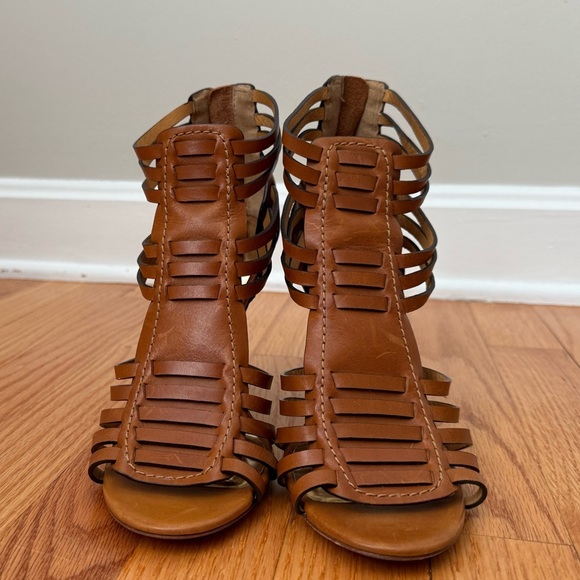 COACH LUCY Gladiator Boho Leather Size 8B Heel Brown Natural Open Toe Eventwear - Picture 2 of 10